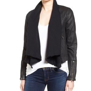 Free People coated black denim open front moto jacket Sz 10